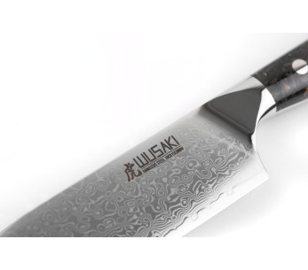 Cuchillo ko-santoku Wusaki Sakin Damasco 10Cr 13cm con mango de fibra de carbono y pan de oro 2