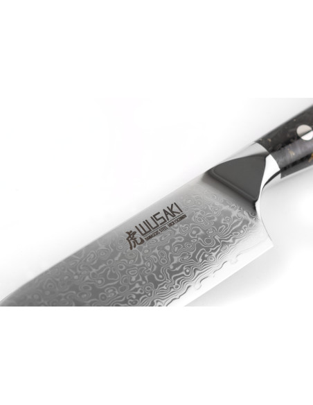 Wusaki Sakin Damascus 10Cr 13cm ko-santoku mes met koolstofvezel en bladgoud handvat