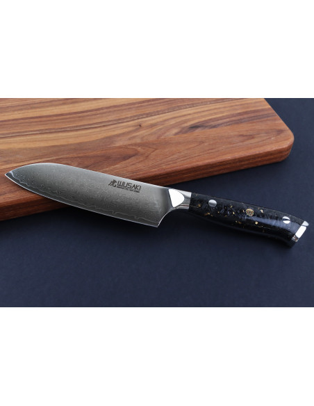 Wusaki Sakin Damascus 10Cr 13cm ko-santoku mes met koolstofvezel en bladgoud handvat