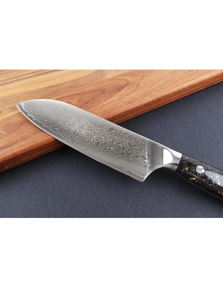 Wusaki Sakin Damascus 10Cr 13cm ko-santoku knife with carbon fiber and gold leaf handle