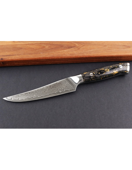 Wusaki Sakin Damascus 10Cr 13 cm steakkniv med håndtak i karbonfiber og bladgull