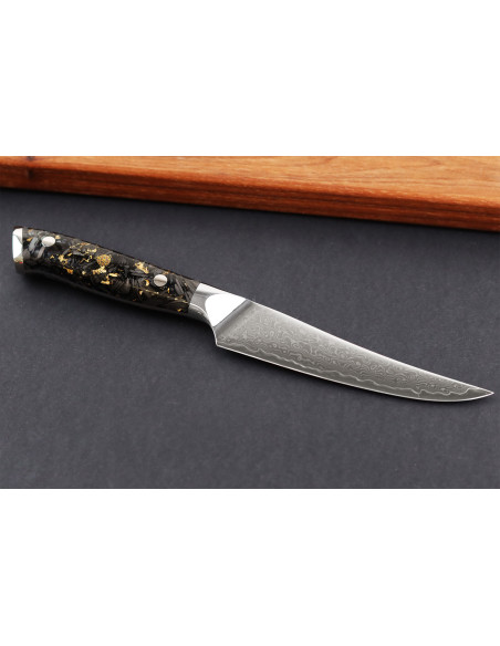 Wusaki Sakin Damascus 10Cr 13cm pihviveitsi hiilikuitukahvalla ja lehtikullalla varustettuna