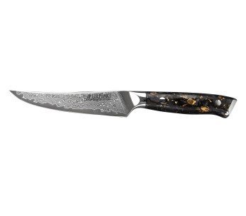 Coltello da bistecca Wusaki Sakin Damascus 10Cr 13 cm con manico in fibra di carbonio e foglia d'oro