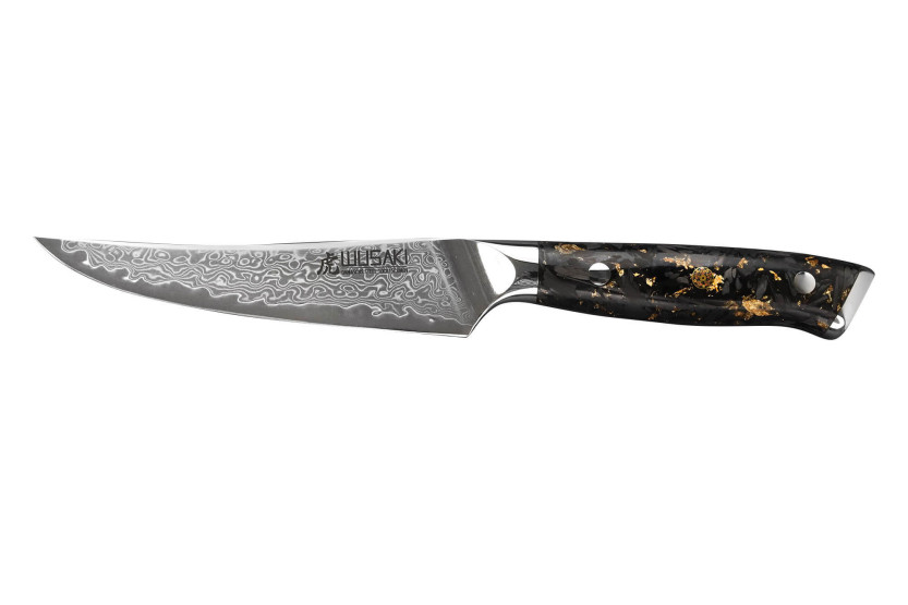 Wusaki Sakin Damascus 10Cr 13cm stekkniv med kolfiberhandtag och bladguld