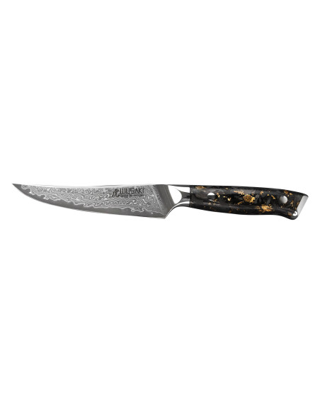 Wusaki Sakin Damast Steakmesser 10Cr 13cm Griff aus Kohlefaser und Blattgold