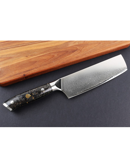 Wusaki Sakin Damascus 10Cr 17 cm nakiri-kniv med håndtag i kulfiber og bladguld
