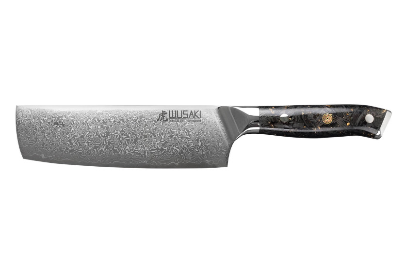 Wusaki Sakin Damascus 10Cr 17 cm nakiri-kniv med håndtag i kulfiber og bladguld