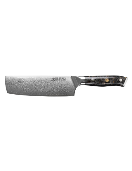 Wusaki Sakin Damascus 10Cr 17cm nakiri mes met koolstofvezel en bladgoud handvat