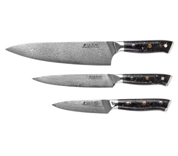 Set om 3 Wusaki Sakin Damascus 10Cr Chef + Universal + Kontorsknivar