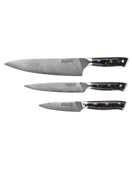 Set van 3 Wusaki Sakin Damascus 10Cr koksmessen + universele messen + kantoormessen