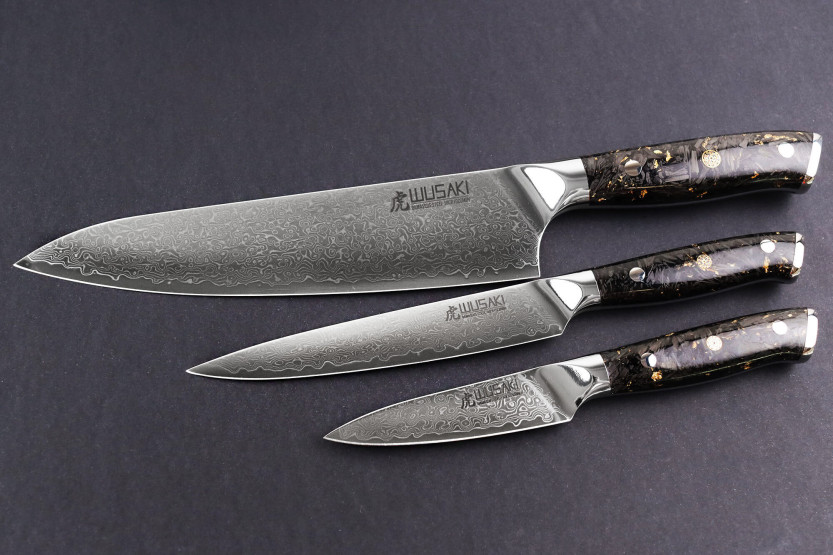 3 Wusaki Sakin Damascus 10Cr Kokki + Universal + Toimistoveitset - sarja