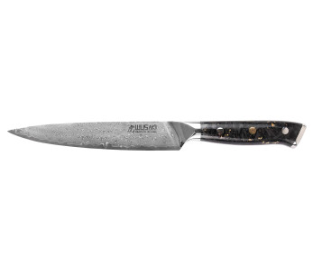 Faca utilitária Wusaki Sakin Damascus 10Cr 15cm com cabo em fibra de carbono e folha de ouro