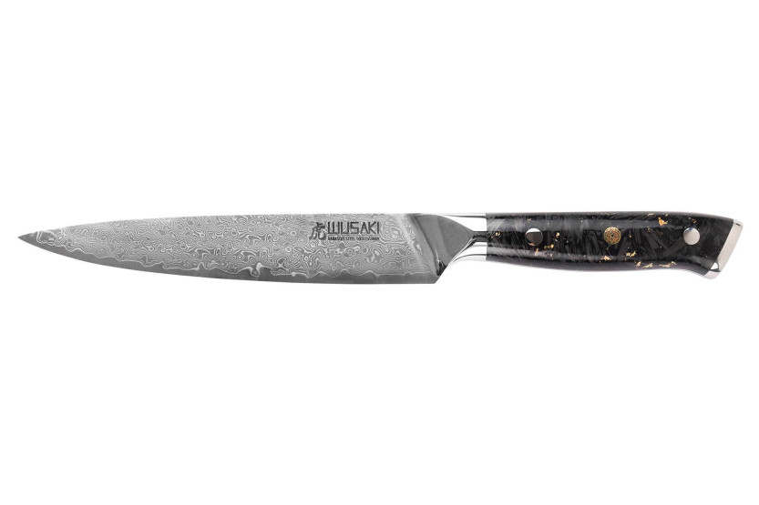 Cuchillo Utilitario Wusaki Sakin Damasco 10Cr 15cm Fibra de Carb ono y Mango de Hoja de Oro