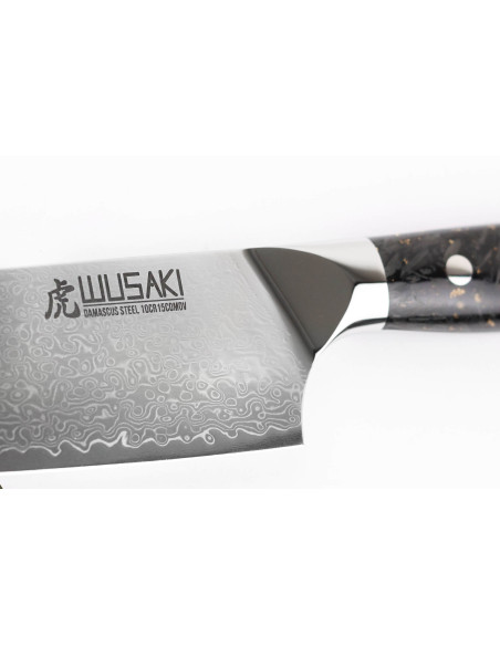 Coltello kiritsuke Wusaki Sakin Damasco 10Cr 20 cm con manico in fibra di carbonio e foglia d'oro