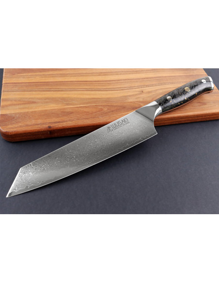 Faca kiritsuke Wusaki Sakin Damascus 10Cr 20cm com cabo em fibra de carbono e folha de ouro