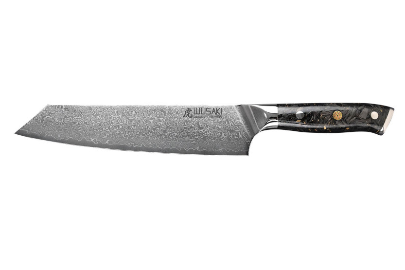 Coltello kiritsuke Wusaki Sakin Damasco 10Cr 20 cm con manico in fibra di carbonio e foglia d'oro