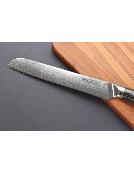 Brotmesser Wusaki Sakin Damaskus 10Cr 20cm Griff aus Kohlefaser und Blattgold