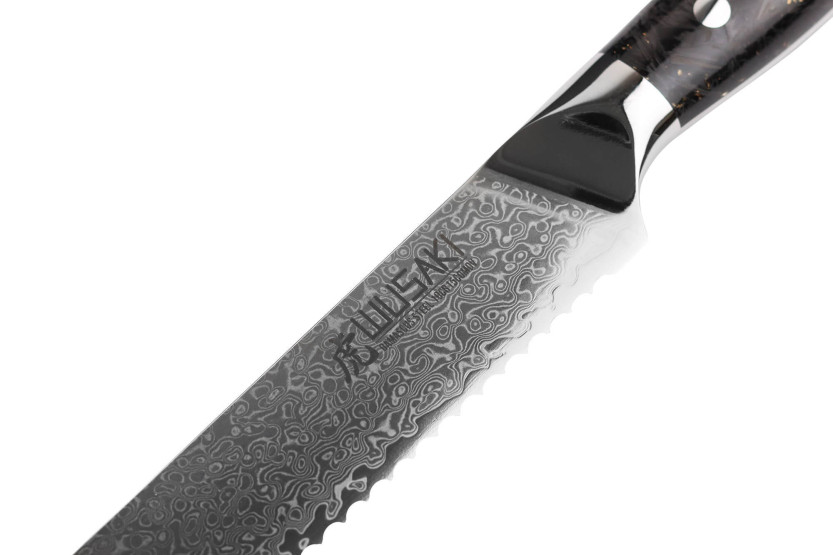 Coltello da pane Wusaki Sakin Damasco 10Cr 20 cm con manico in fibra di carbonio e foglia d'oro