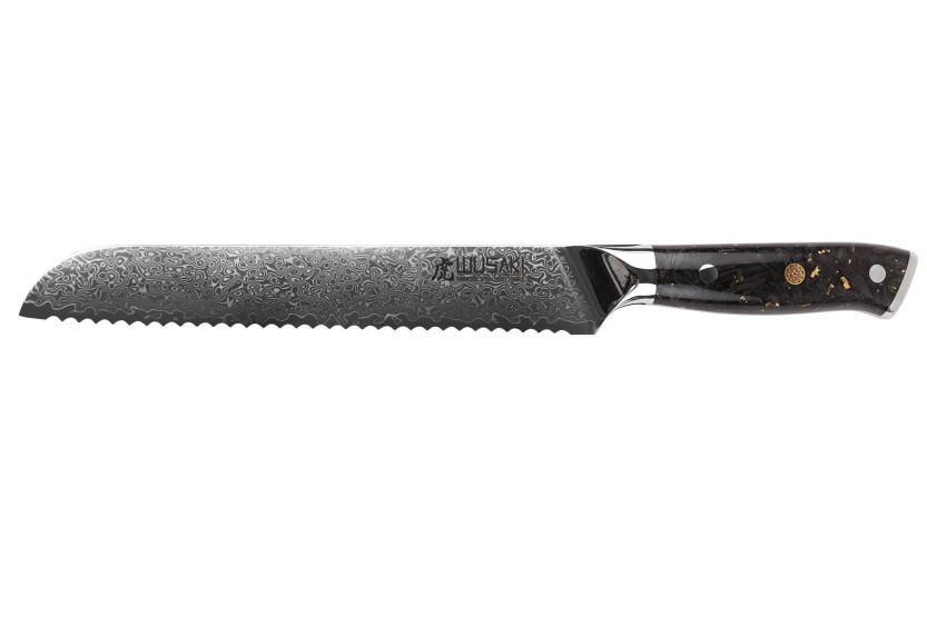 Faca de pão Wusaki Sakin Damascus 10Cr 20cm com cabo em fibra de carbono e folha de ouro