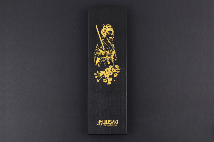 Coltello da pane Wusaki Sakin Damasco 10Cr 20 cm con manico in fibra di carbonio e foglia d'oro