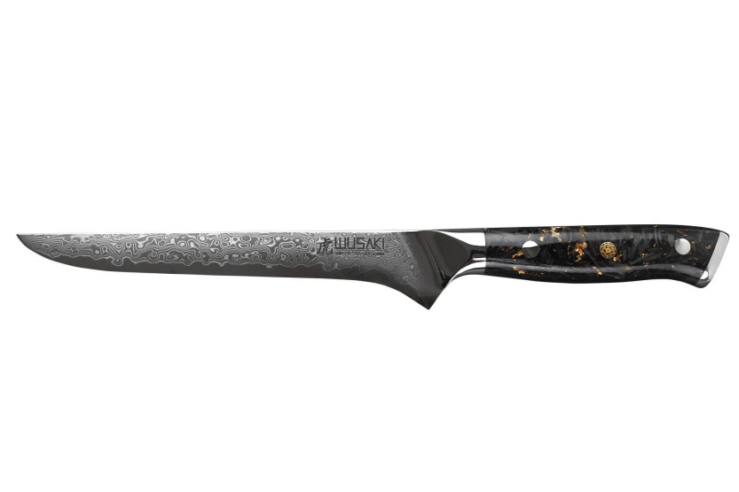 Wusaki Sakin Damast Ausbeinmesser 10Cr 15cm Griff aus Kohlefaser und Blattgold