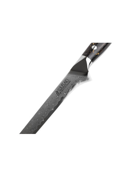 Wusaki Sakin Damast Ausbeinmesser 10Cr 15cm Griff aus Kohlefaser und Blattgold