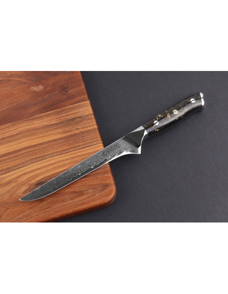 Wusaki Sakin Damascus 10Cr 15 cm udbeningskniv med håndtag i kulfiber og bladguld