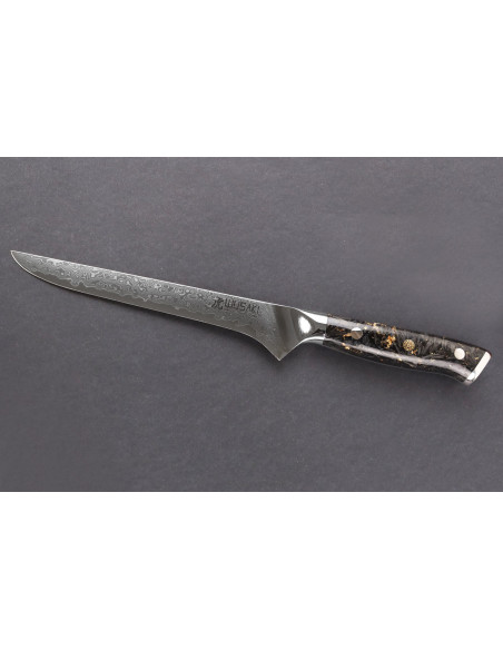 Coltello da disosso Wusaki Sakin Damascus 10Cr 15 cm con manico in fibra di carbonio e foglia d'oro
