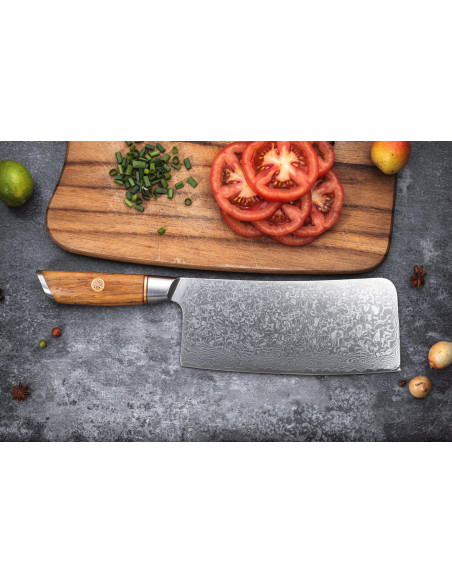Coltello da chef cinese Fukito Olive Damascus 14Cr 17 cm