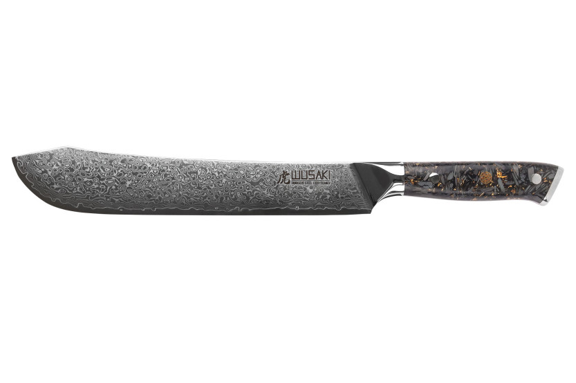 Wusaki Sakin Damascus teurastusveitsi 10Cr 22cm hiilikuitukahva, jossa on kullanvärinen lehtiä