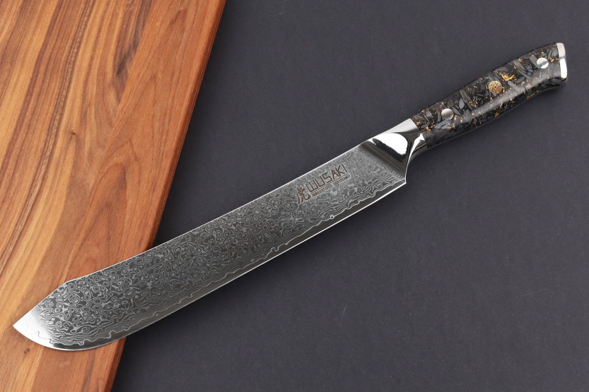 Faca de talhante Wusaki Sakin Damascus 10Cr 22cm cabo em fibra de carbono com folha de ouro