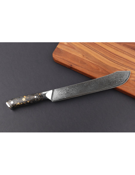 Faca de talhante Wusaki Sakin Damascus 10Cr 22cm cabo em fibra de carbono com folha de ouro