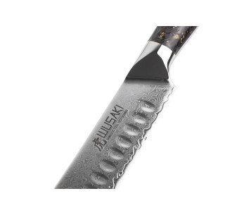 Wusaki Sakin Damast 10Cr Tranchiermesser 25cm Griff aus Kohlefaser und Blattgold 2