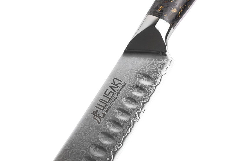 Wusaki Sakin Damascus 10Cr 25 cm utskjæringskniv med karbonfiberhåndtak og bladgull