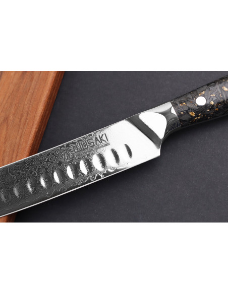 Faca de trinchar Wusaki Sakin Damascus 10Cr 25cm com cabo em fibra de carbono e folha de ouro