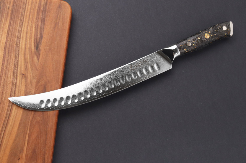 Wusaki Sakin Damascus 10Cr 25cm täljkniv med kolfiberhandtag och bladguld