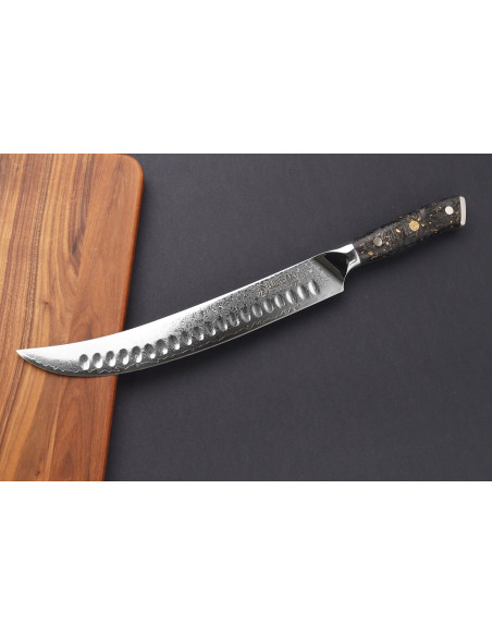 Faca de trinchar Wusaki Sakin Damascus 10Cr 25cm com cabo em fibra de carbono e folha de ouro