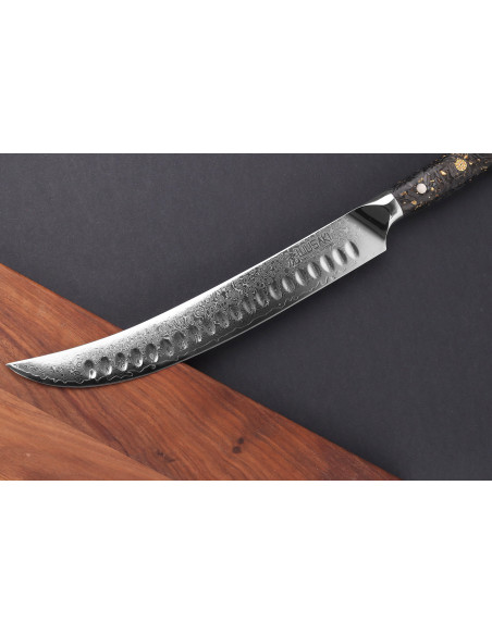 Faca de trinchar Wusaki Sakin Damascus 10Cr 25cm com cabo em fibra de carbono e folha de ouro