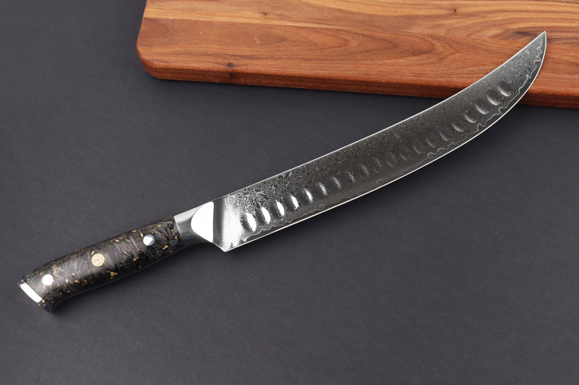 Wusaki Sakin Damascus 10Cr 25 cm utskjæringskniv med karbonfiberhåndtak og bladgull
