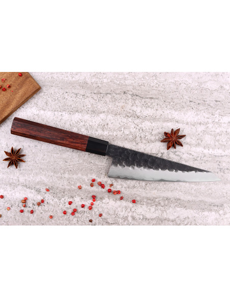 Cuchillo honesuki martillado Sayuto Sequoia San Mai de 15cm