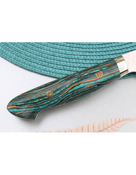 Coltello da cuoco 21 cm Nigara Hamono Migaki Tsuchime SG2 manico turchese, fatto a mano in Giappone