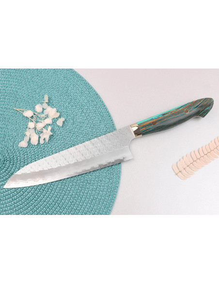 21cm Nigara Hamono Migaki Tsuchime SG2 Turquoise Handle Kockkniv , Japanskt handgjord
