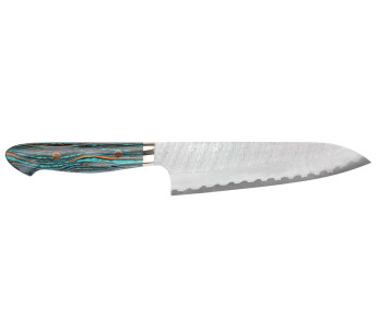 Faca de cozinha de 21 cm Nigara Hamono Migaki Tsuchime SG2 com cabo turquesa, feita à mão no Japão