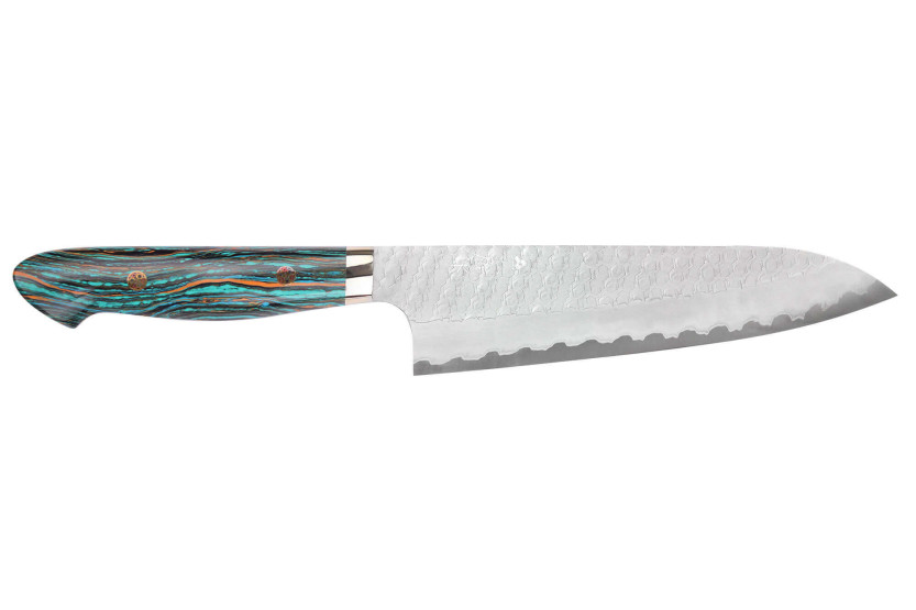 Cuchillo de cocinero 21cm Nigara Hamono Migaki Tsuchime SG2 Mango Turquesa, hecho a mano en Japón