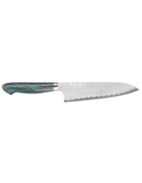 Japanisches Kochmesser 21cm handgefertigt Nigara Hamono Migaki Tsuchime SG2 Griff in Türkis
