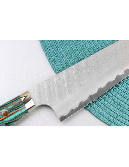 Coltello da cuoco 21 cm Nigara Hamono Migaki Tsuchime SG2 manico turchese, fatto a mano in Giappone