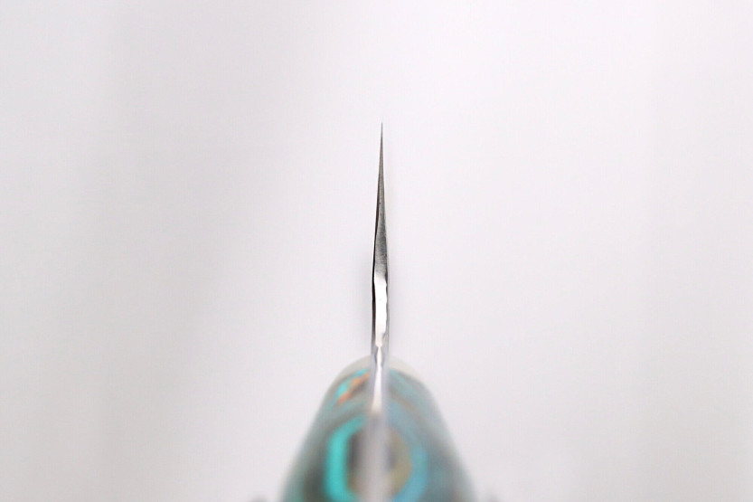 Japanisches Kochmesser 21cm handgefertigt Nigara Hamono Migaki Tsuchime SG2 Griff in Türkis