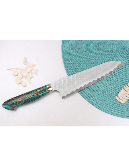 Coltello da chef Nigara Hamono Migaki Tsuchime SG2 manico turchese da 21 cm, fatto a mano in Giappone