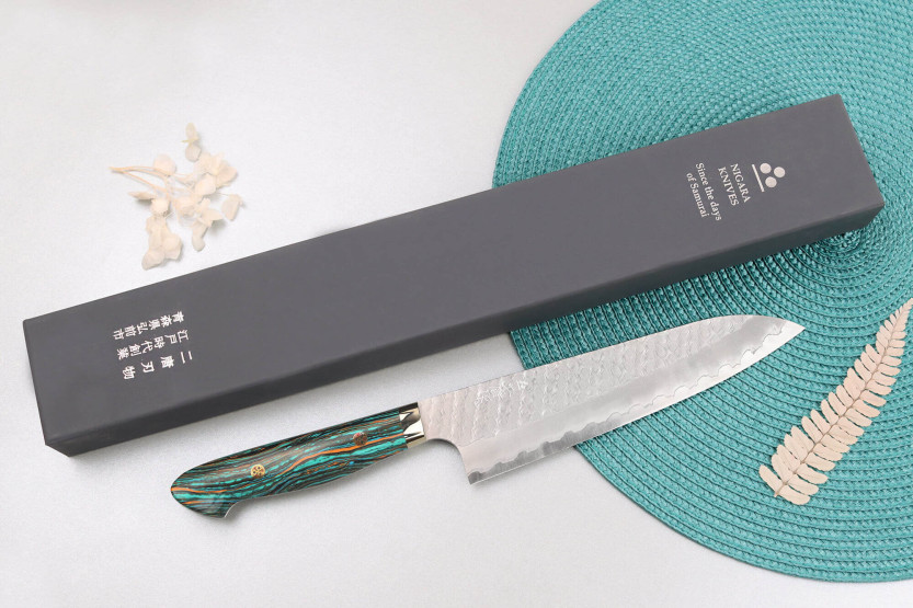 21 cm Nigara Hamono Migaki Tsuchime SG2 Turkis håndtag Kokkekniv , japansk håndlavet