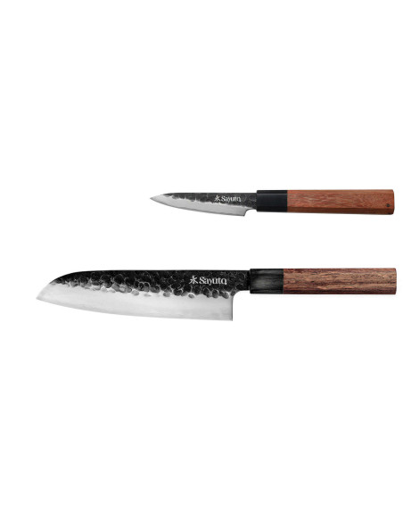 Knivsæt med 2 Sayuto Sequoia San Mai Santoku + Paringsknive knive